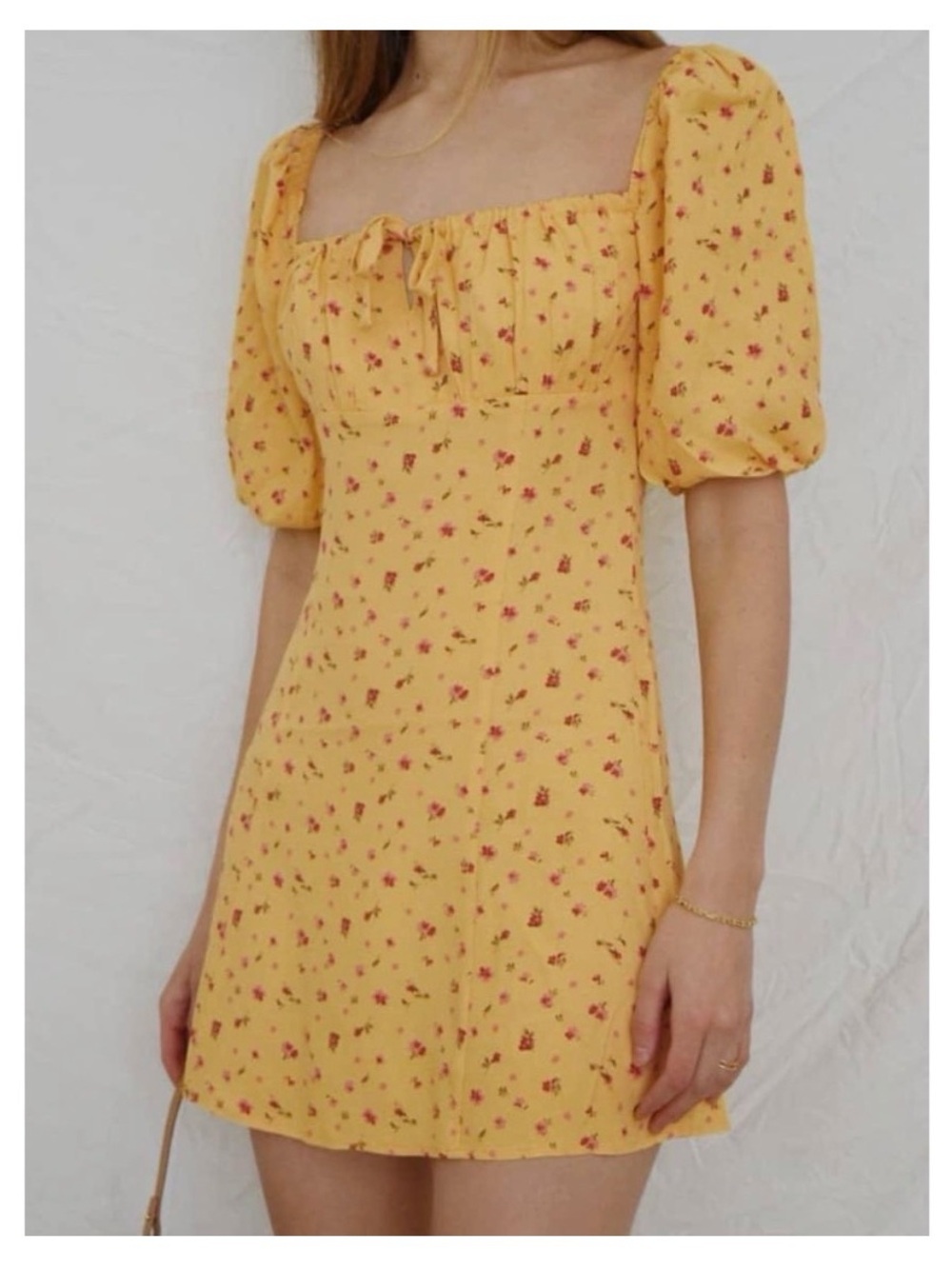 Yellow Floral Square-Neck Puff-Sleeve Mini Dress